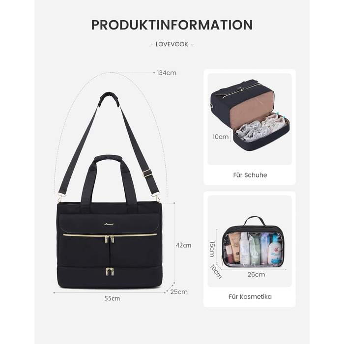 Сумка-трансформер LOVEVOOK для подорожей: 45л, для спорту, в аеропорт, пологовий будинок, з відділенням для взуття та мокрих речей (Чорний)