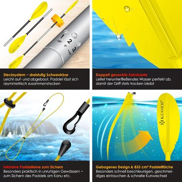 Весло KESSER® Paddle Doppelpaddel для каяка, SUP, Stand-Up Paddling Board, 228 см, алюміній, з мотузкою безпеки, чохлом для телефону, для надувних човнів (жовтий)