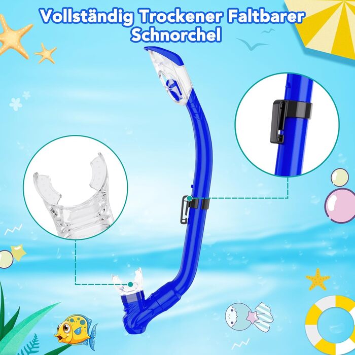 Набір для снорклінгу для дітей з ластами, маска з панорамою 180° та сухим снорклом, блакитний