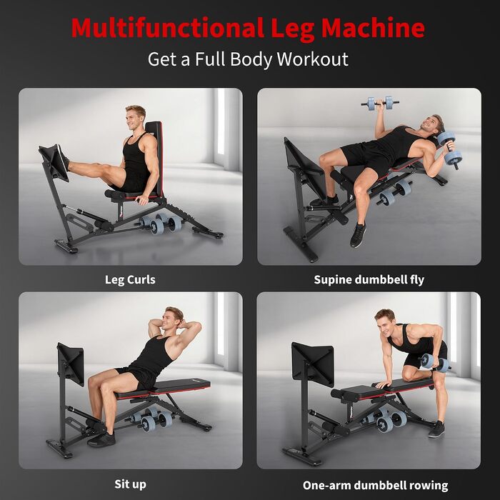 Тренажер для ніг PASYOU (жим ногами), максимальне навантаження 550 кг, регульована силова лава з 9 позиціями нахилу спинки та тримачем для гантелей, чорний