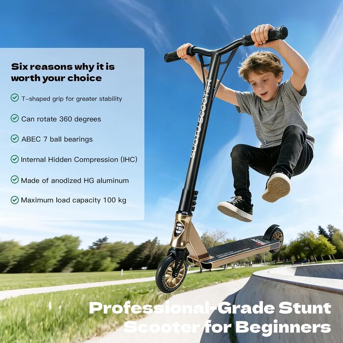 SUOTU Станкер для трюків, професійний, 360° кермування, роликовий скейтборд з колесами 110 мм 85A PU, для дітей, підлітків та дорослих, вантажопідйомність 100 кг, алюміній (чорний – білий золотий)