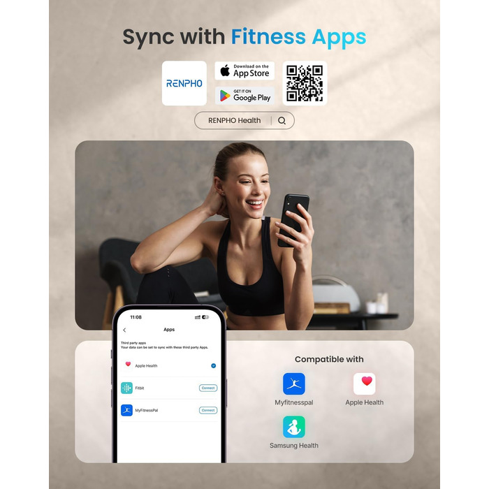 Ваги RENPHO: цифрові ваги для тіла з Bluetooth, аналіз складу тіла (жир, м'язи, BMI, вода), максимальне навантаження 180 кг, чорний