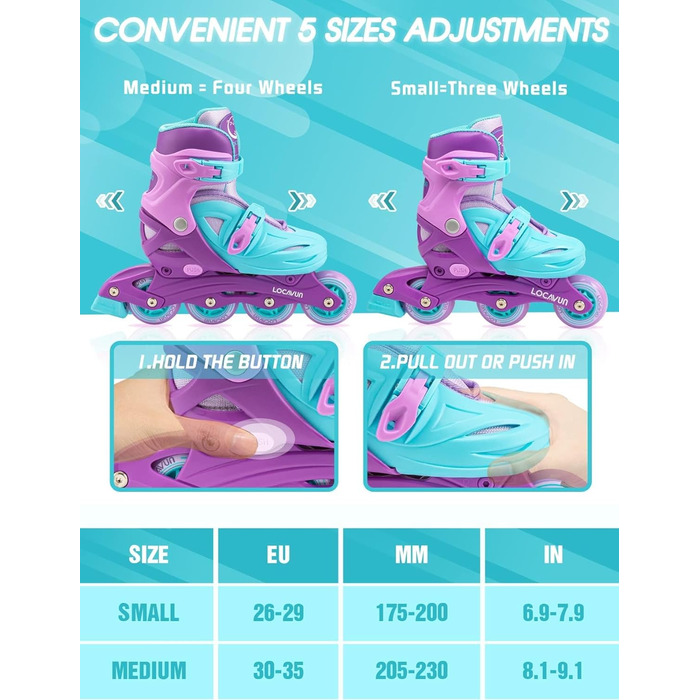 Дитячі ролики Inliner Kinder з регулюванням розміру 26-29, 29-34, 30-35, 36-40 EU, фіолетові. Ролики з колесами 82A PU