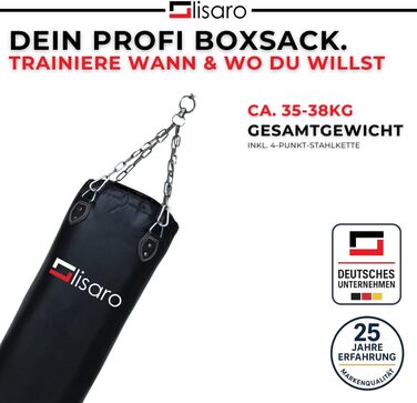 Боксерський мішок Lisaro Profi Boxsack (120x35 см), наповнений, для боксу, кікбоксингу та MMA, штучна шкіра (вініл), з 4-точковим сталевим ланцюгом, чорний