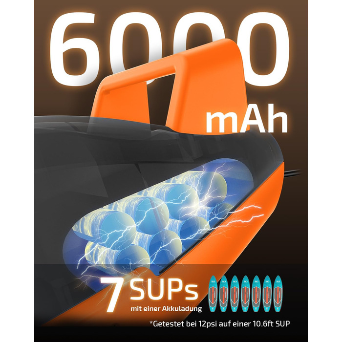 Надувний SUP насос Swonder Seawolf: акумуляторний, 20PSI, 6000mAh, з автоадаптером, чорний/мандарин
