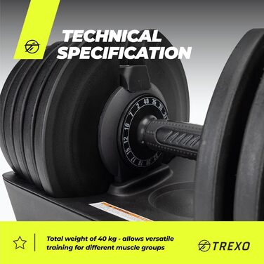 Регульована гантеля TREXO 18-40 кг з заліза, з ергономічною нековзною ручкою, чорна, для фітнесу, налаштування ваги поворотом