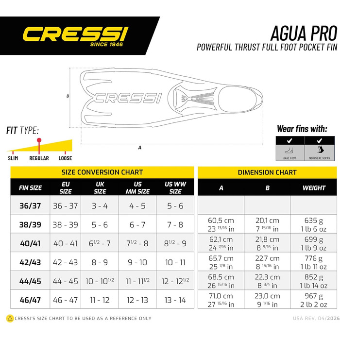 Ласти Cressi Agua Pro Vollfußflosse (36/37, білі) - професійні ласти для плавання та дайвінгу
