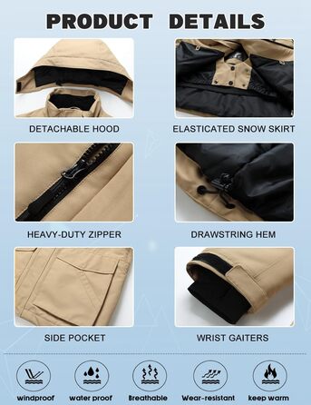 Костюм для сноуборду та лижного спорту HOUZONIY чоловічий, вітронепроникний, з капюшоном, XL, хакі+чорний