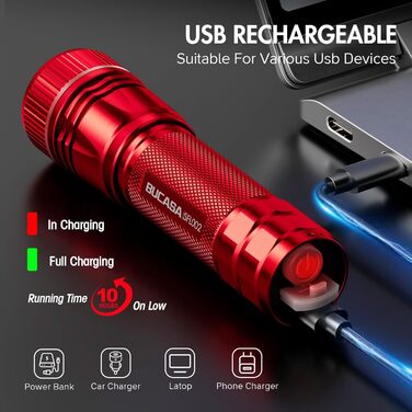 Ліхтарик LED BUCASA, 2000 люмен, 3 режими, збільшується, водонепроникний, для кемпінгу та активного відпочинку (червоний)