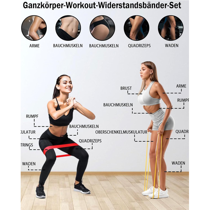 Набір еластичних стрічок для фітнесу: 9 шт. для силових тренувань, йоги та розтяжки вдома – включає тренувальний банд, турнік-стрічку, постер та сумку