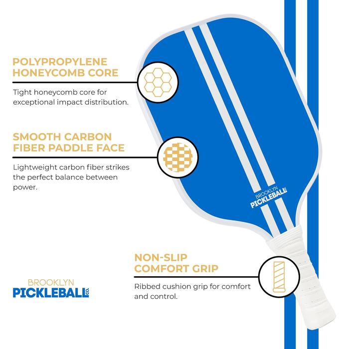 Паддл для піклболу Brooklyn Pickleball Co. | Вуглеволокно | Компактне ядро | Нековзний руків'я | Одиночний | Білий (Синій)