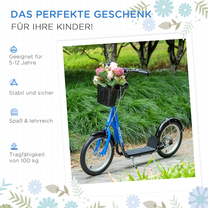 HOMCOM Дитячий скутер Скутер Kick Scooter з регулюванням висоти гальмівного кошика для 5-12 дитячих самокатів Kickboard Алюмінієвий сплав Гума Синій+Чорний | Аосом