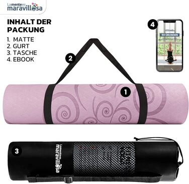 Килимок для гімнастики та йоги LA MENTE ES MARAVILLOSA з неслизькою поверхнею, сумкою та електронною книгою з вправ. Посилений, з TPE, 183x61 см (рожевий+синій)