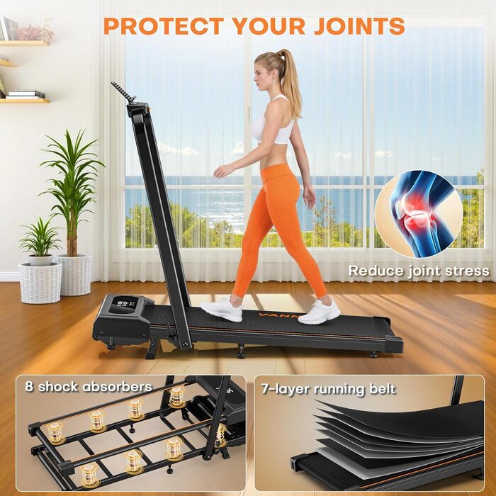 Складана бігова доріжка для дому VANNECT Walking Pad, нахил 9%, швидкість 1-12 км/год, LCD-дисплей, керування через додаток та пульт, максимальна вага 150 кг, помаранчева