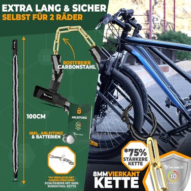 Замок для велосипеда MIVELO Kettenschloss: висока безпека, 100 см, сталь 8 мм, з ключем та LED-ліхтариком | Захист для E-bike, MTB, шосе