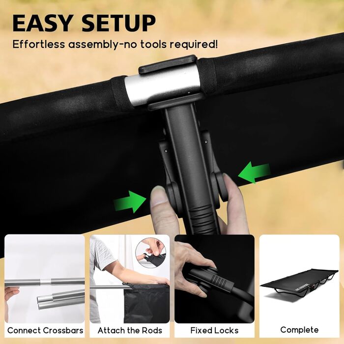 Легке туристичне ліжко для кемпінгу, 160 кг, чорне. Розкладне, портативне, для відпочинку на природі, вдома, в горах, на дачі.