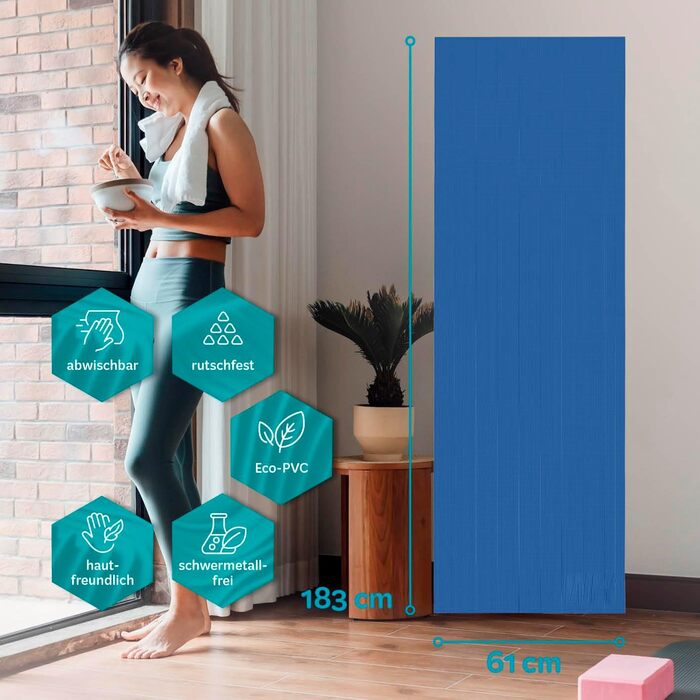 Килимок для йоги та фітнесу, 183 x 61 x 0,4 см, Navyblue (темно-синій) | Килимок для занять йогою, пілатесом, спортом | Звукоізоляційний, нековзний, міцний