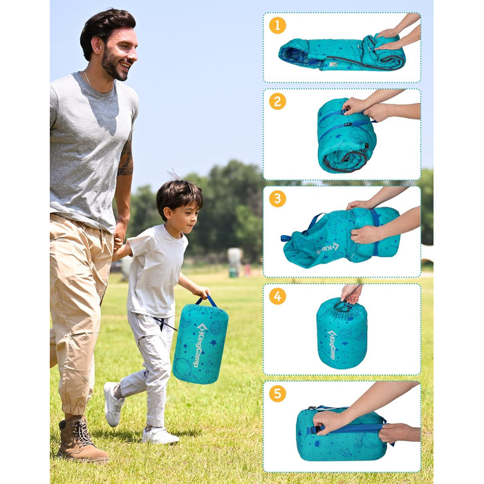 Сплячий мішок KingCamp для дітей, фланелевий, легкий, водонепроникний, компактний, зимовий, 4 сезони, для кемпінгу, підходить для дітей до 140 см, комфортна температура: 7°C, регульована довжина