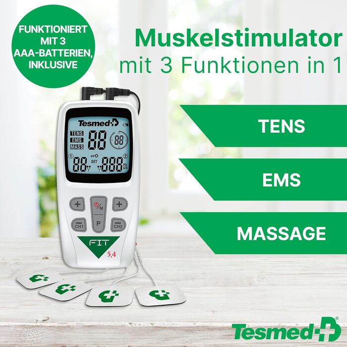Електростимулятор TESMED Fit для EMS, TENS, масажу (3 в 1): 22 програми, 6 регульовані, для зняття болю та стимуляції м'язів живота, сідниць та грудей (Fit 5.4 з 4 електродами)