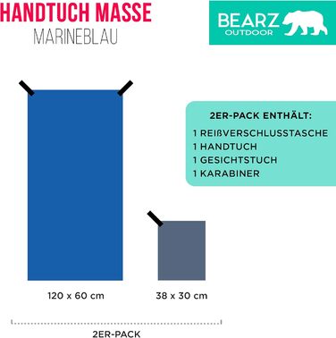Набір рушників BEARZ Outdoor з мікрофібри (120x60см + рушник для обличчя) - легкі, швидковисихаючі рушники для пляжу, подорожей, спорту та кемпінгу, блакитно-темно-синій