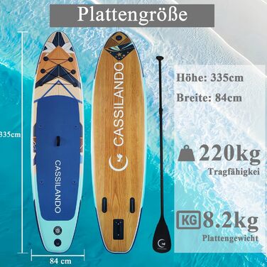 Надувний SUP дошка CASSILANDO Stand Up Paddle Board 335 см з аксесуарами та сумкою для перенесення, для йоги, риболовлі, серфінгу, підходить для дорослих та підлітків, з імітацією текстури дерева, колір м'ятно-зелений