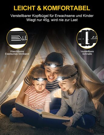 Налобний ліхтар LED, перезарядна модель з червоним світлом та 5 режимами, водонепроникний IPX4, регульований, для бігу, кемпінгу, велоспорту, 2 шт.