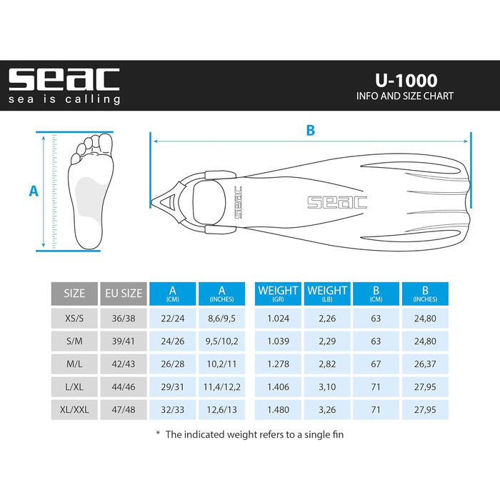Плавці Seac U-1000 для дорослих, професійні та для відпочинку, розмір S/M, білі