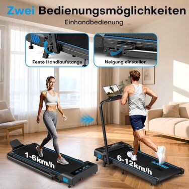 Біговий тренажер для дому 5-в-1, 12 км/год, складаний, з підйомом 9%, 2.75HP безщітковий мотор, LED-дисплей, сумісність з додатком, 12 програм, чорно-синій, 5-в-1
