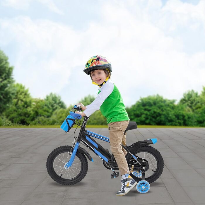 Дитяче велосипед 14 дюймів для хлопчиків та дівчаток з додатковими колесами та пляшкою для води, від 3 років, з двома гальмами, регульоване по висоті, міцний та стабільний