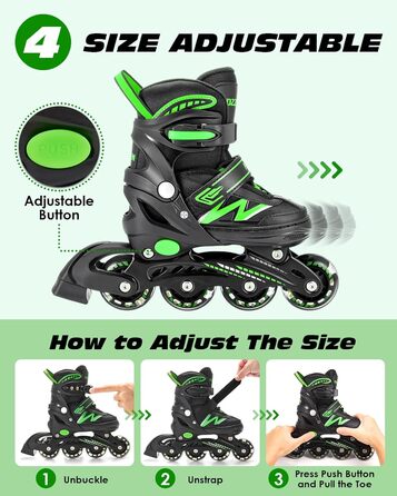 Роликові ковзани Hozzen для дітей, регульовані, ролики для дівчаток та хлопчиків, ролики з колесами, що світяться в темряві, ролики для використання в приміщенні та на вулиці, чорно-зелені