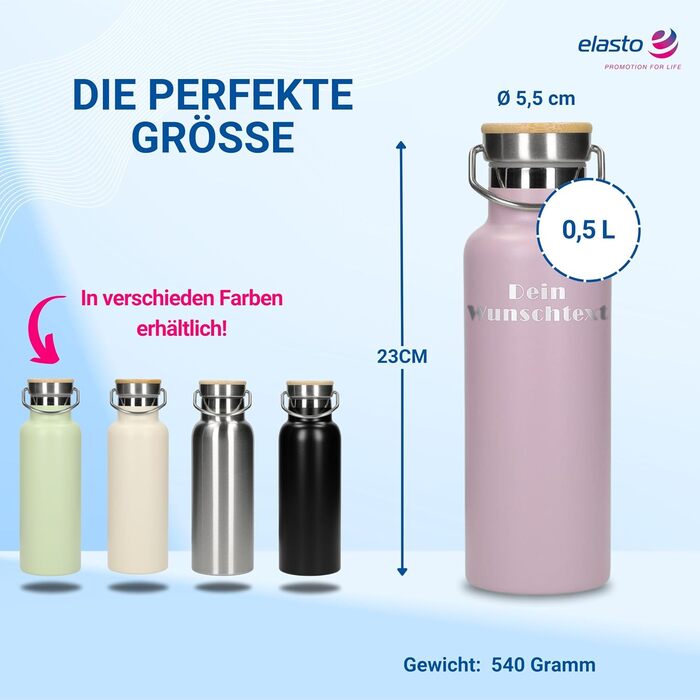 Персоналізована пляшка для води 500 мл - ізольована пляшка з нержавіючої сталі з ручкою, колір: фіолетовий, з можливістю нанесення тексту, для роботи, спорту та піших прогулянок
