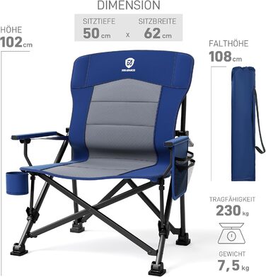 Крісло для кемпінгу EVER ADVANCED, розкладне, 230 кг, XL, широке сидіння 62 см, з кишенею та тримачем для напоїв, велике, для риболовлі, кемпінгу, відпочинку на балконі, саду (блакитне, підтримка попереку)