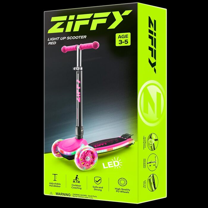 Самокат дитячий Ziffy з LED підсвіткою, регульованою ручкою (4 положення) та широкою антиковзною декою, до 50 кг (Rot/Ausflug)
