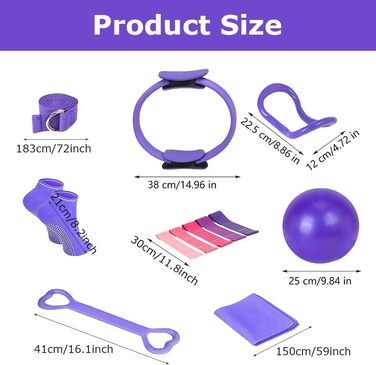 Набір для пілатесу та йоги, 13 предметів: кільце, м'яч, ремінь, кільце-еспандер, ремінь-помічник, набір для пілатесу, фіолетовий