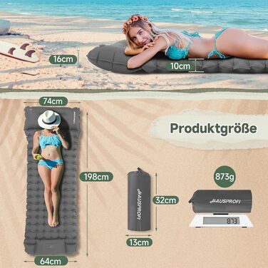 Килимок для кемпінгу HAUSPROFI Isomatte: ультралегкий надувний матрац з насосом та подушкою, для туризму, пляжу, відпочинку на природі (сірий)