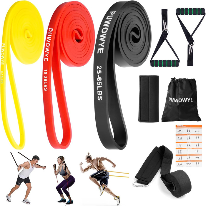 Набір еластичних стрічок для фітнесу, 3 рівні опору, з дверними фіксаторами, ручками, чохлом, сумкою та інструкцією. Стрічки для фітнесу/йоги/силових тренувань. Кольори: синій, зелений, фіолетовий, чорний, червоний, жовтий