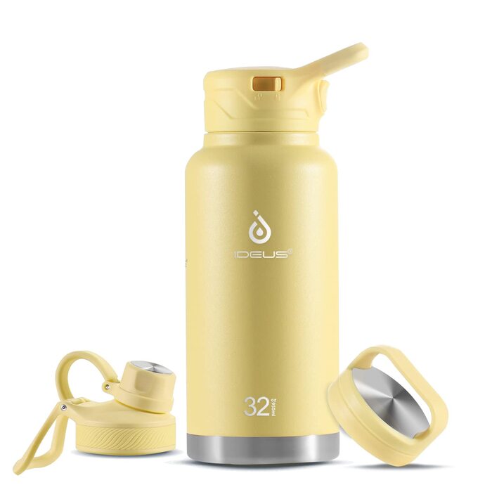 Термос IDEUS з нержавіючої сталі, 950 мл, жовтий. Спортивна пляшка-термос з подвійними стінками та надійним кришкою.