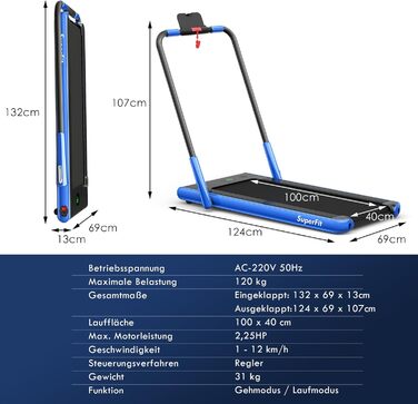 Бігова доріжка COSTWAY для дорослих, синя, 124x69x107 см, універсальна