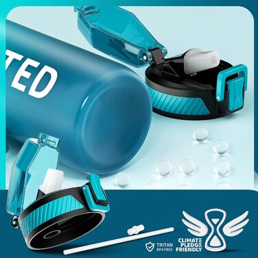 Спортивна пляшка для води Tritan 1л з трубочкою, з міткою часу та щіткою, виготовлена з BPA-Free матеріалу, блакитна