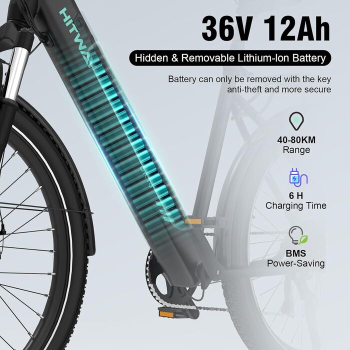 Електровелосипед HITWAY 27.5″, гірський Pedelec 250W, акумулятор 432Wh, запас ходу до 100 км, 7 швидкостей, для дорослих, 2024