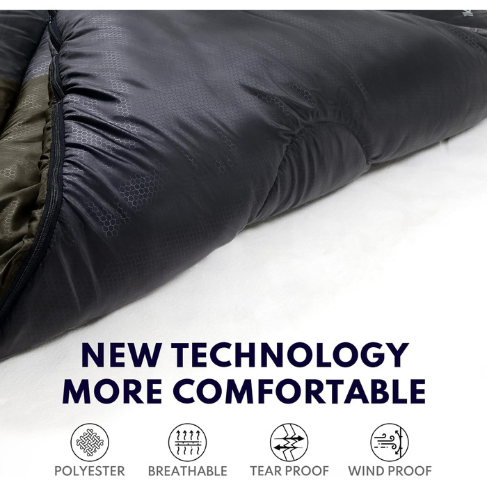 Спальний мішок XXL для дорослих, тепла погода, 3.2 кг, темно-сірий. Підходить для кемпінгу, зимових походів, полювання та подорожей. З компресійним мішком.