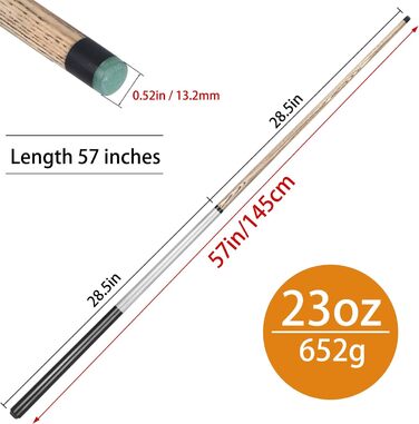 Більярдний кий для брейка Kmise, 57 дюймів, 2 частини, з наконечником 13 мм, крейдою та рукавичкою