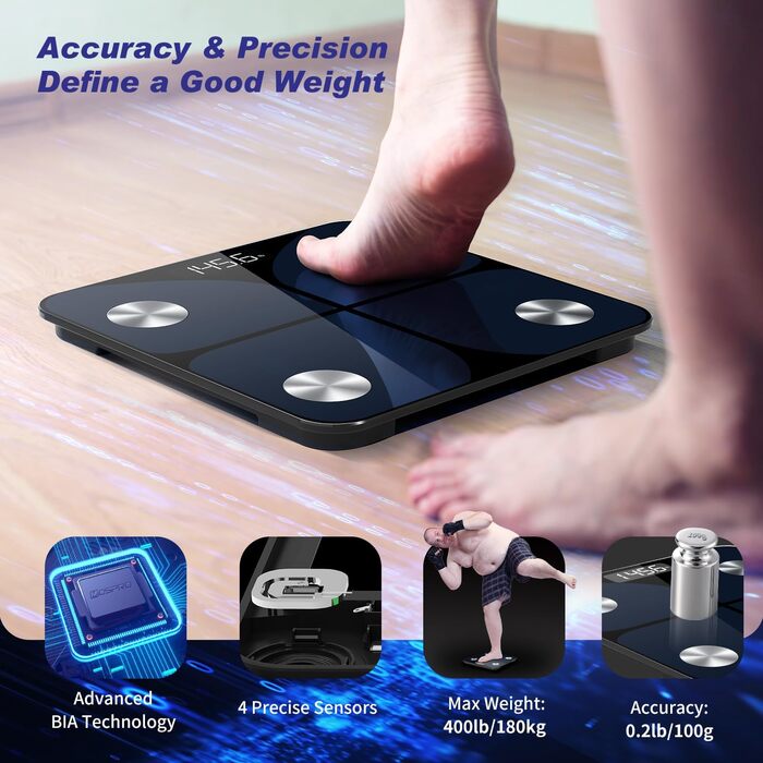 Інтелектуальна вага для тіла з Bluetooth, вимірювання жиру, BMI та ваги, 180 кг, 30 см x 30 см (Синій)