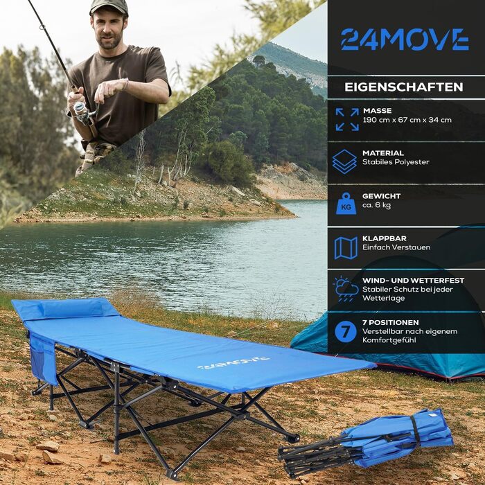 Розкладне ліжко 24MOVE® для кемпінгу та відпочинку на природі, 190 x 67 x 34 см, до 150 кг, з сумкою, блакитне