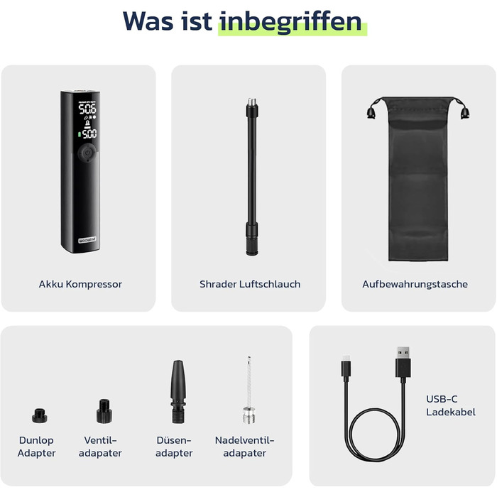 Електрична повітряна помпа Woowind BP188: акумуляторна, 120-150 PSI, для авто, велосипеда, мотоцикла, сумісна з усіма клапанами