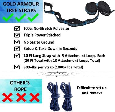 Гамак для кемпінгу Gold Armour - легкий гамак з парашутного нейлону для дорослих та дітей (2 ремені, 10 петель / 6 м)