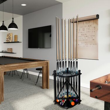 Підставка для київ для більярду на підлозі для 8 київ та аксесуарів, дерев'яна, кутова, з гачками та табло (чорний торс)