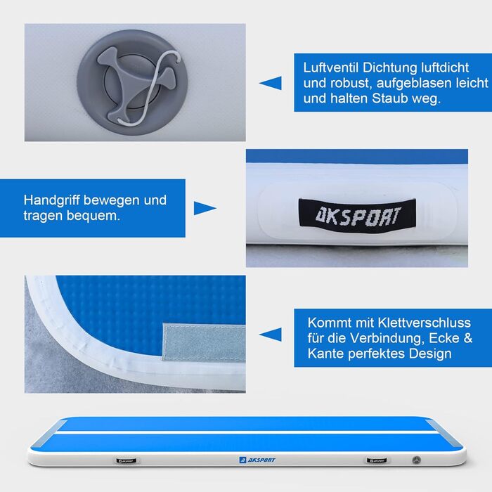 Мата для гімнастики AKSPORT Air Matte з повітряною подушкою, 3/4/5/6 м, 10/20 см висотою, 600x100x10 см, для дому, залу, тренувань, черлідингу, блакитна