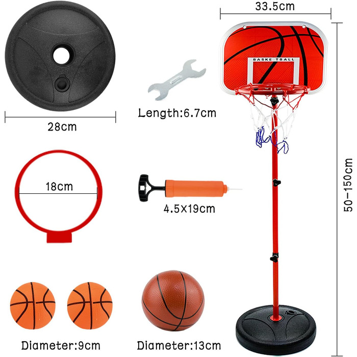 Дитячий баскетбольний кошик AolKee з регульованою висотою, 50-150 см, з м'ячем, сіткою та насосом