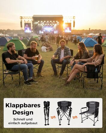 Складаний кемпінговий стілець KingCamp до 200 кг з боковим столиком та кишенею, підбиті підлокітники, чорний — для рибалки, пляжу та відпочинку на природі